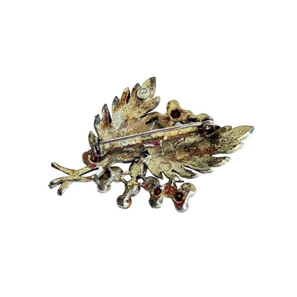 Vintage Goldtone Double Leaf Brooch Pin with Faux Pearl Details 2.25" - Picture 5 of 5